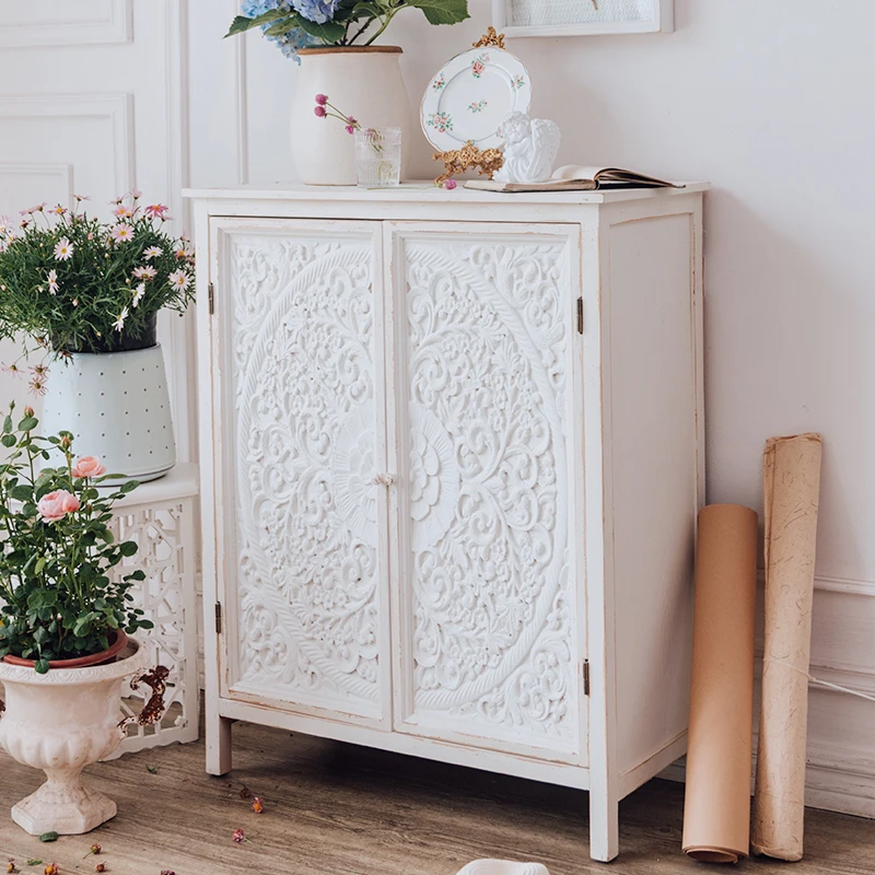 French Wall Storage Cabinet Bay Window Retro Style Wooden Carved Clothes Living Room Bedroom Locker Homestay