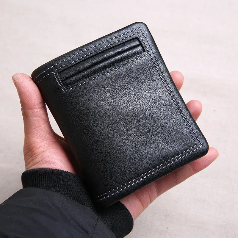 PNDME genuine leather wallet men's short section tide personality youth soft first layer cowhide black credit card holder purse