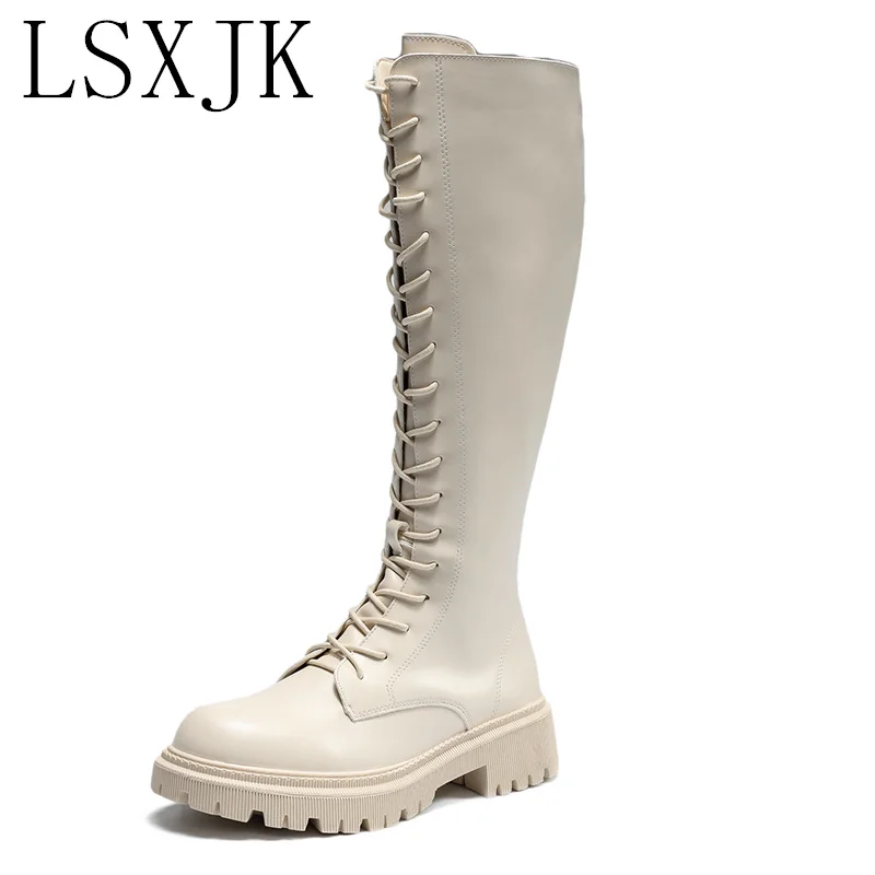 

LSXJK 2021 Autumn/Winter New Style Martin Boots Women's White Lace-Up High-Long Tube Thin Thick-Soled Boots 6203-C