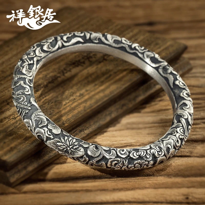 ★mouth auspicious eight treasures relief solid 999 Silver Bracelet Buddha culture silver jewelry original handicraft