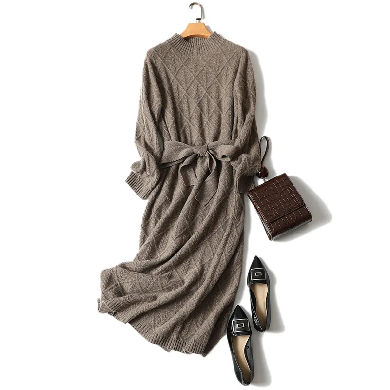 luxury 100% cashmere turtleneck dress long women\'s fashion winter rhombus pullover