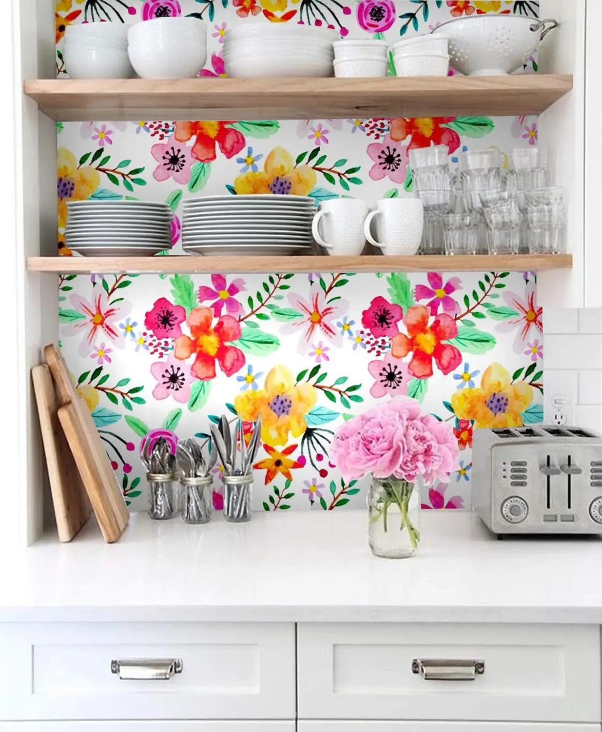 HaoHome Peel and Stick Handpainting Seamless Watercolor Red/Yellow/Purple Flower Green Leaves Self-Adhesive Contact Paper