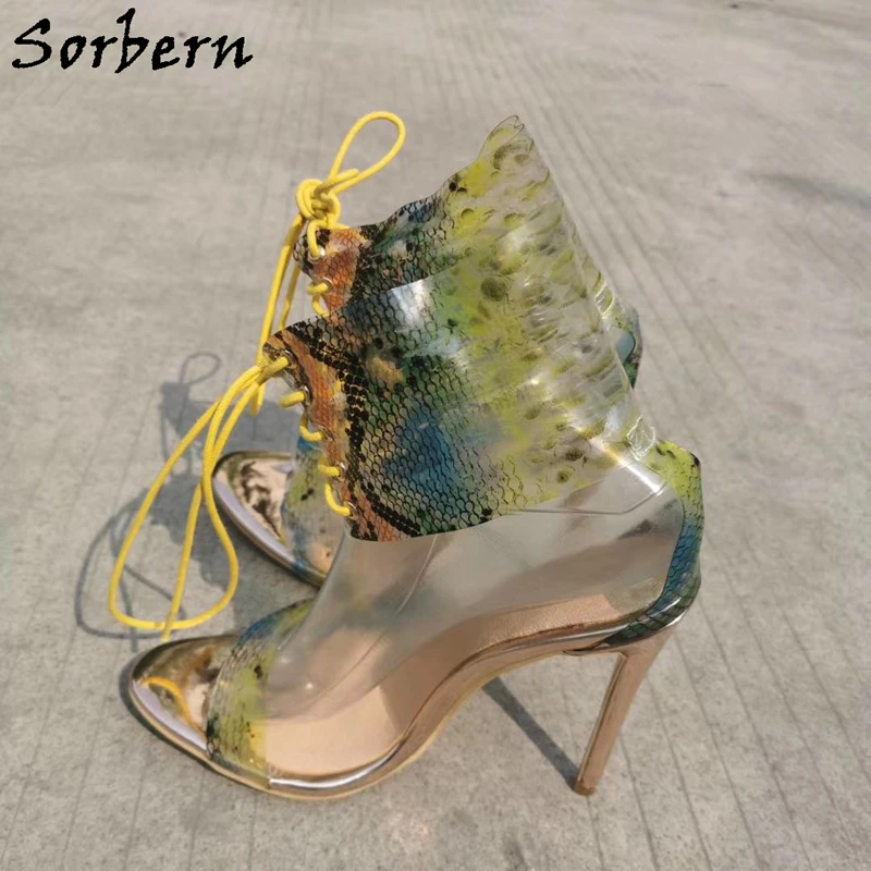 

Sorbern Colorful Snake Transparent Sandal High Heel Summer Shoes Wide Ankle Strap Lace Up Stilettos Stripper Heels 2020 New