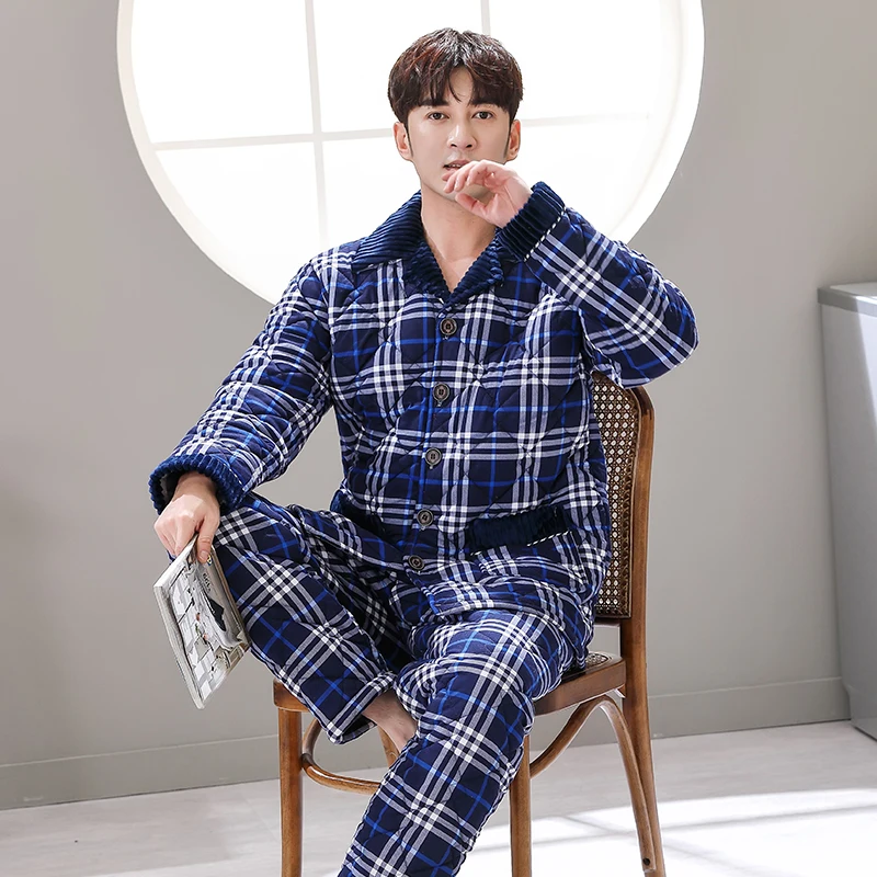 

New Arrival Fashion Plaid Quilted Pajama Sets Soft Men Sleepwear Winter Lounge Set Three Layer Coral Fleece Thick Quilted Jacket