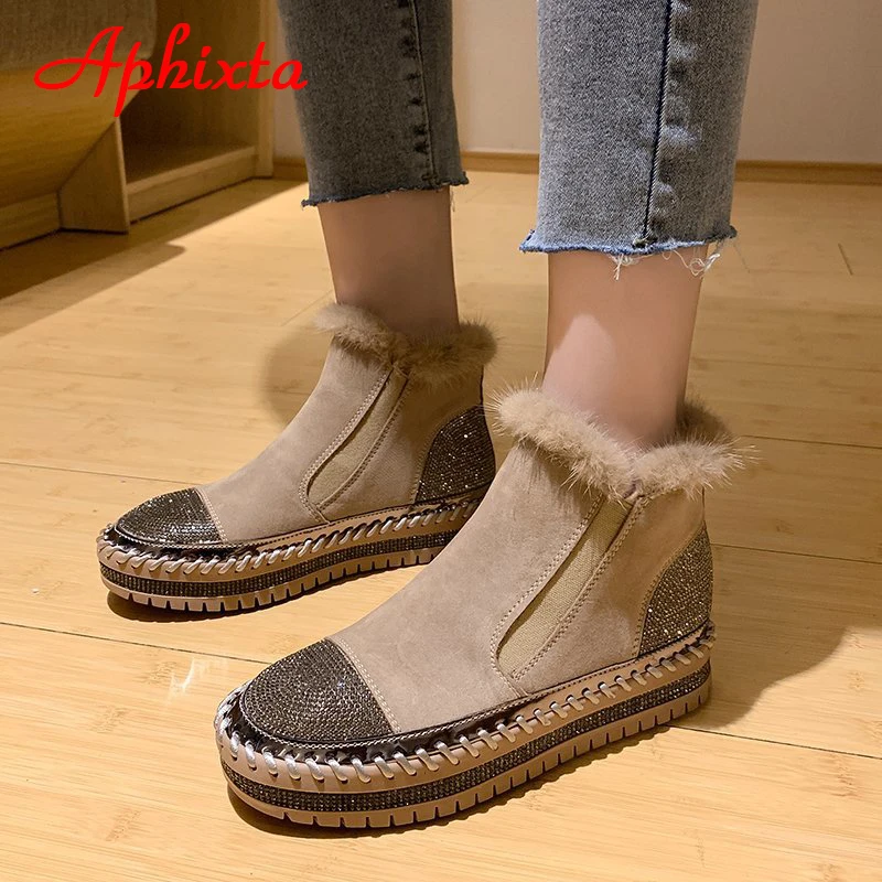 Aphixta Real Hair Warm Winter Crystals Shoes Woman Elastic Band Couple Chunky Sole Platform Big Size 44 Waterproof Ankle Boots