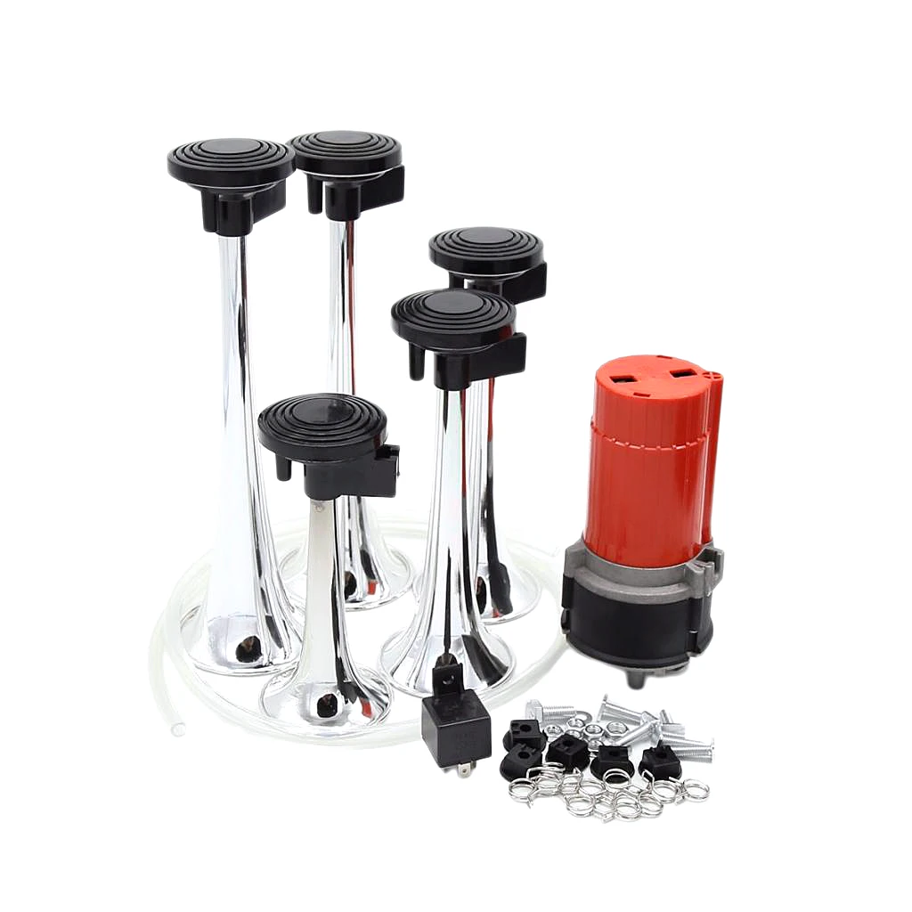 12V 5-Trumpet Musical Jazz Air Horn Compressor Kit 130db Silver for Car Truck Motorcycle