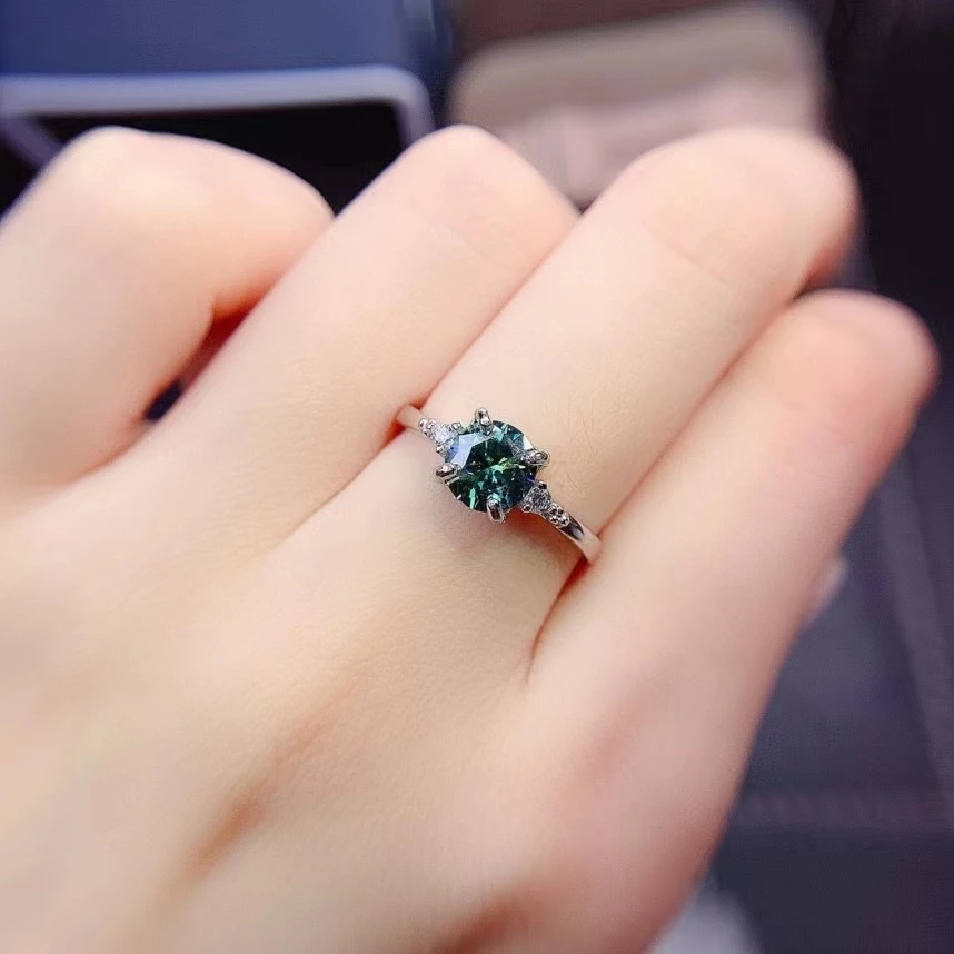Green Moissanite Ring 1CT 6.5MM Lab Blue Diamond Fine Jewelry for Women Anniversary Party Gift Real S925 Sterling Silver