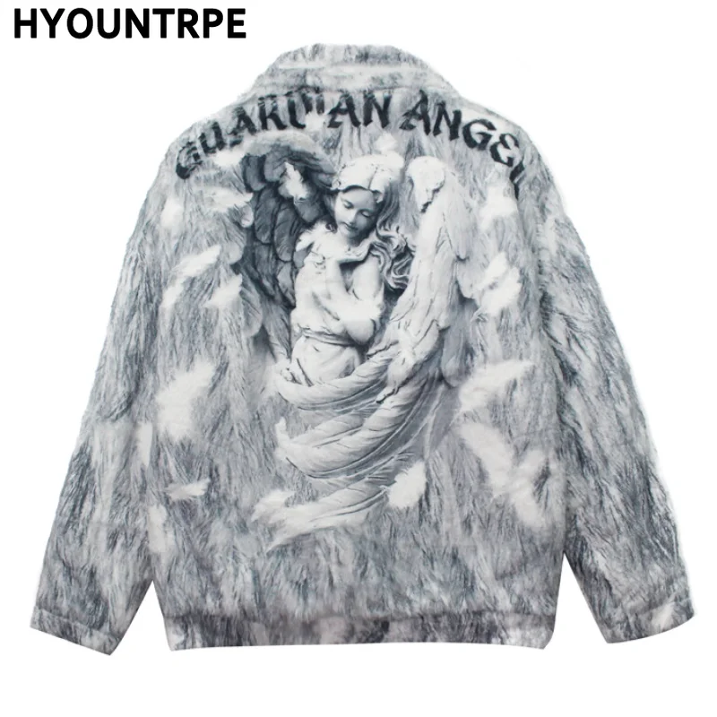 Mens Hip Hop Harajuku Printed Fleece Jackets Coats Hairy Buttons Loose Outerwears New Warm Stand Collar Thick Streetwear Parkas