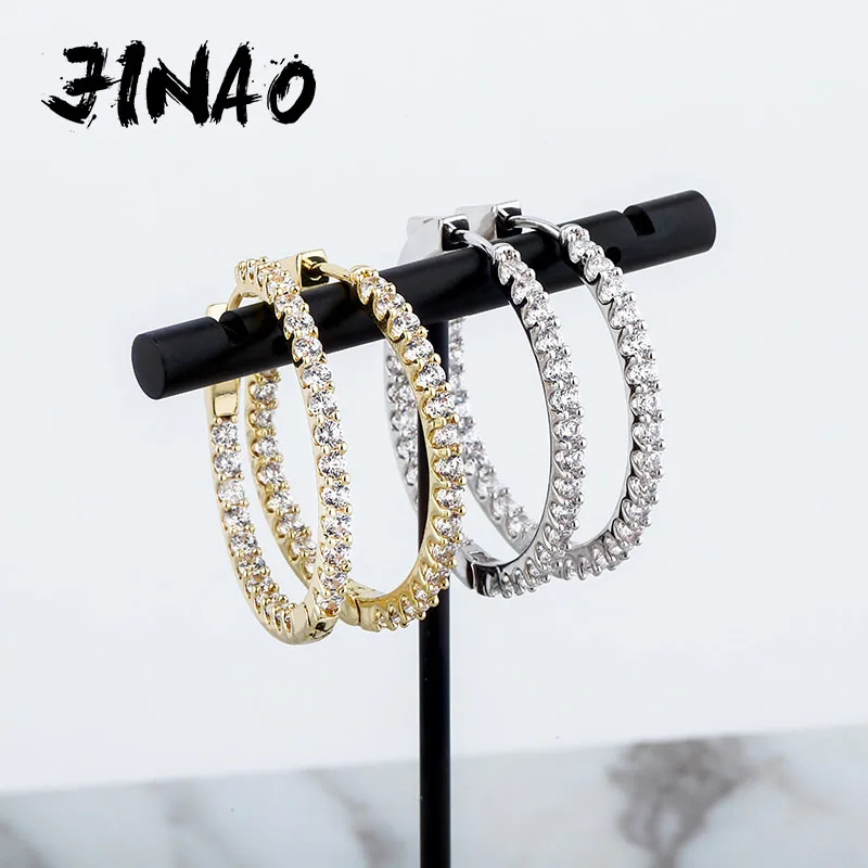 JINAO Big Circle Earrings High Qualtiy Iced Out Micro Pave Cubic Zirconia Round Earrings Hip Hop Fashion Jewelry Gift For Women