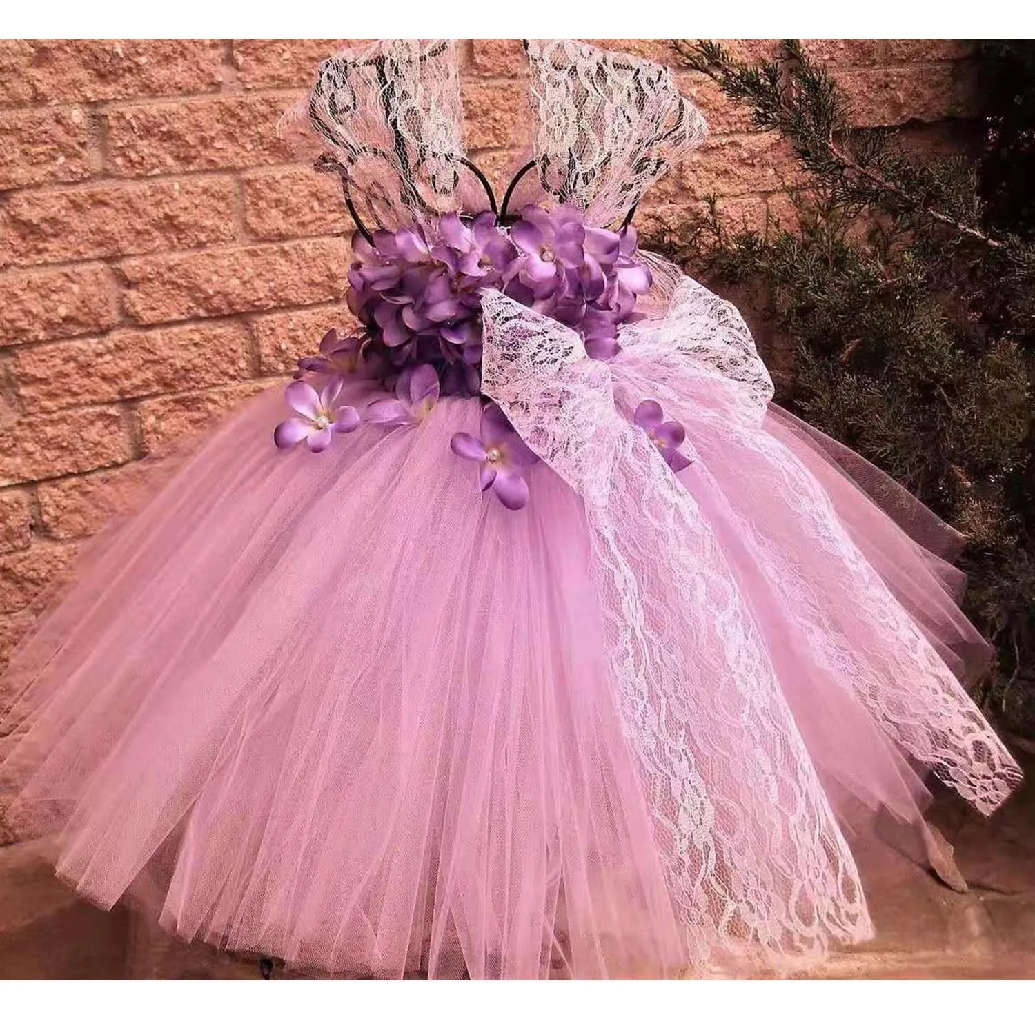 Girls Pink Petals Fairy Tutu Dress Kids Tulle Dress Ball Gown with Lace Strap Bow Children Wedding Party Costume Flower Dresses