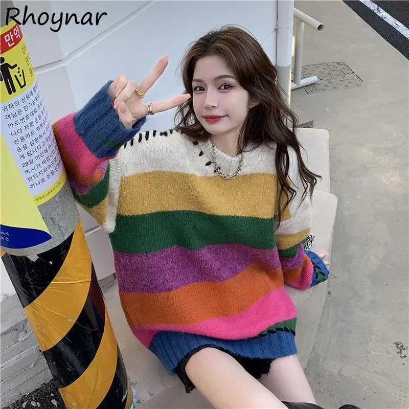 Pullovers Women O-neck Colorful Striped Full Sleeve Design Retro Lazy Winter Loose Knitting Lovely S-3xl Ladies All Match Casual