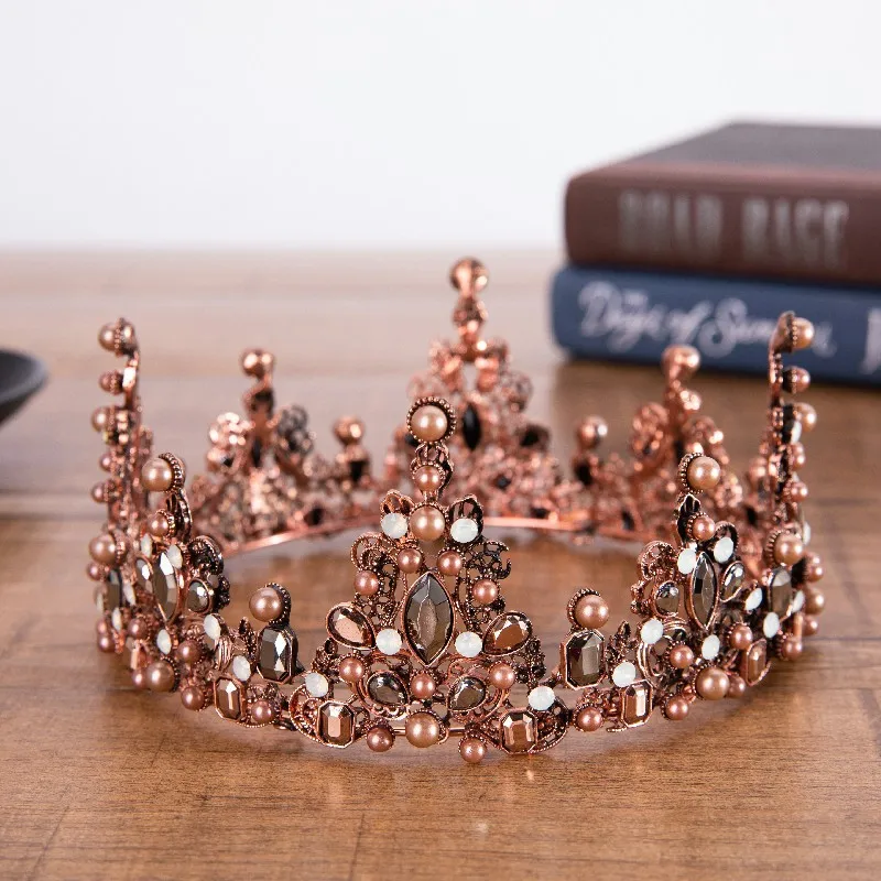 MAR025 Classic baroque round miss universe diamond pearl princess bridal tall tiara classic pageant wedding crown for brides