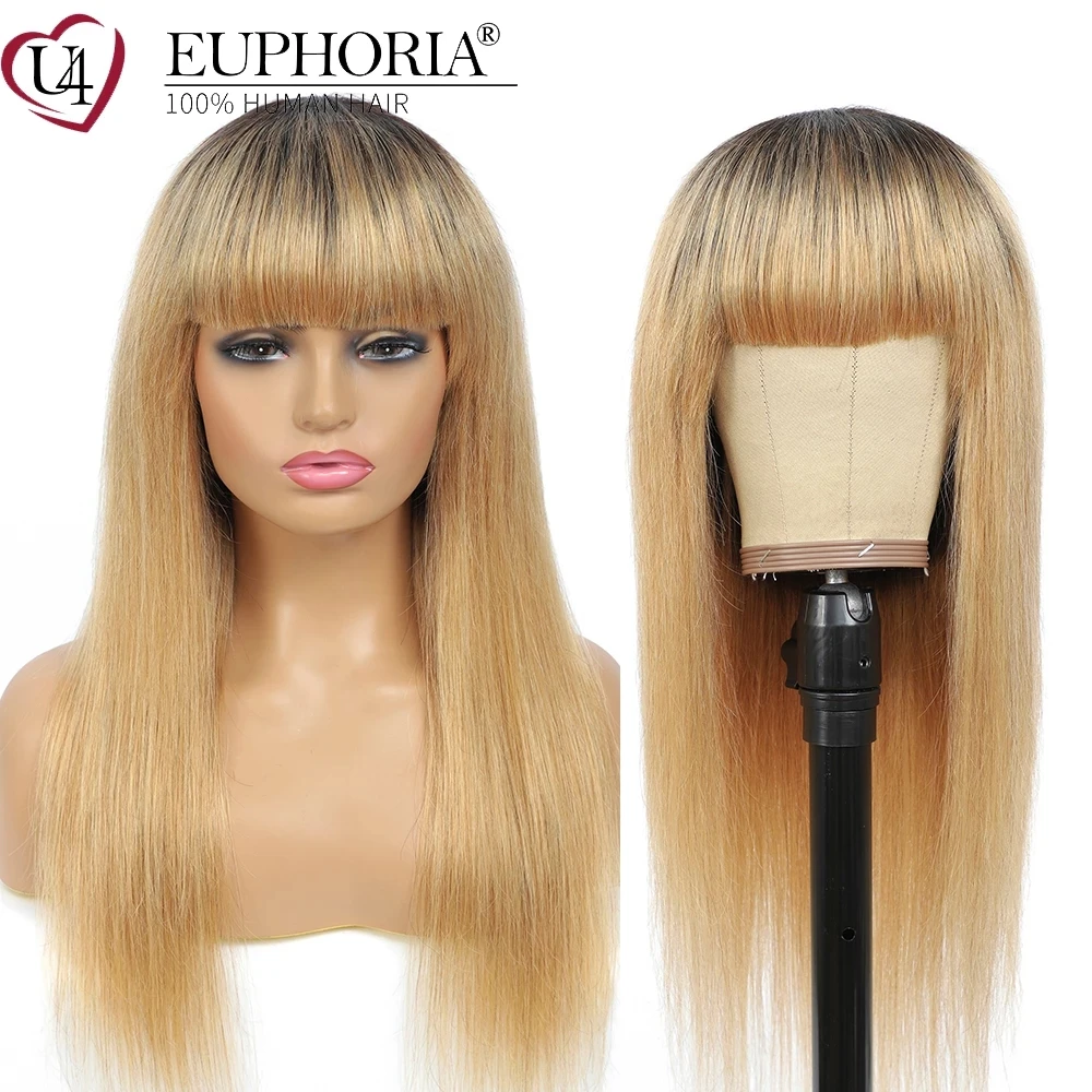 Ombre Blonde Long Straight Hair Wigs Brown Burg Red Natural Color Brazilian Remy Human Hair Full Machine Wigs With BangsEUPHORIA