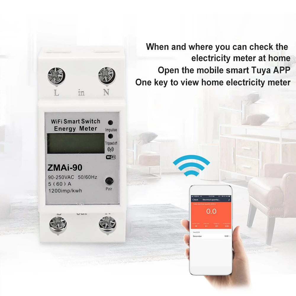 WiFi Switch 60A Smart Energy Meter KWH Einphasig DIN-Schiene Tuya App Fernbedienung Überwachen und Aufzeichnen des Stromverbrauchs Überlastschutz Unterstützt Alexa Google Home