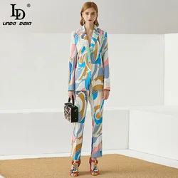 LD LINDA DELLA Fashion Runway autunno donna collo sciallato bottone singolo giacca lunga Top e stampa pantaloni lunghi set 2 pezzi