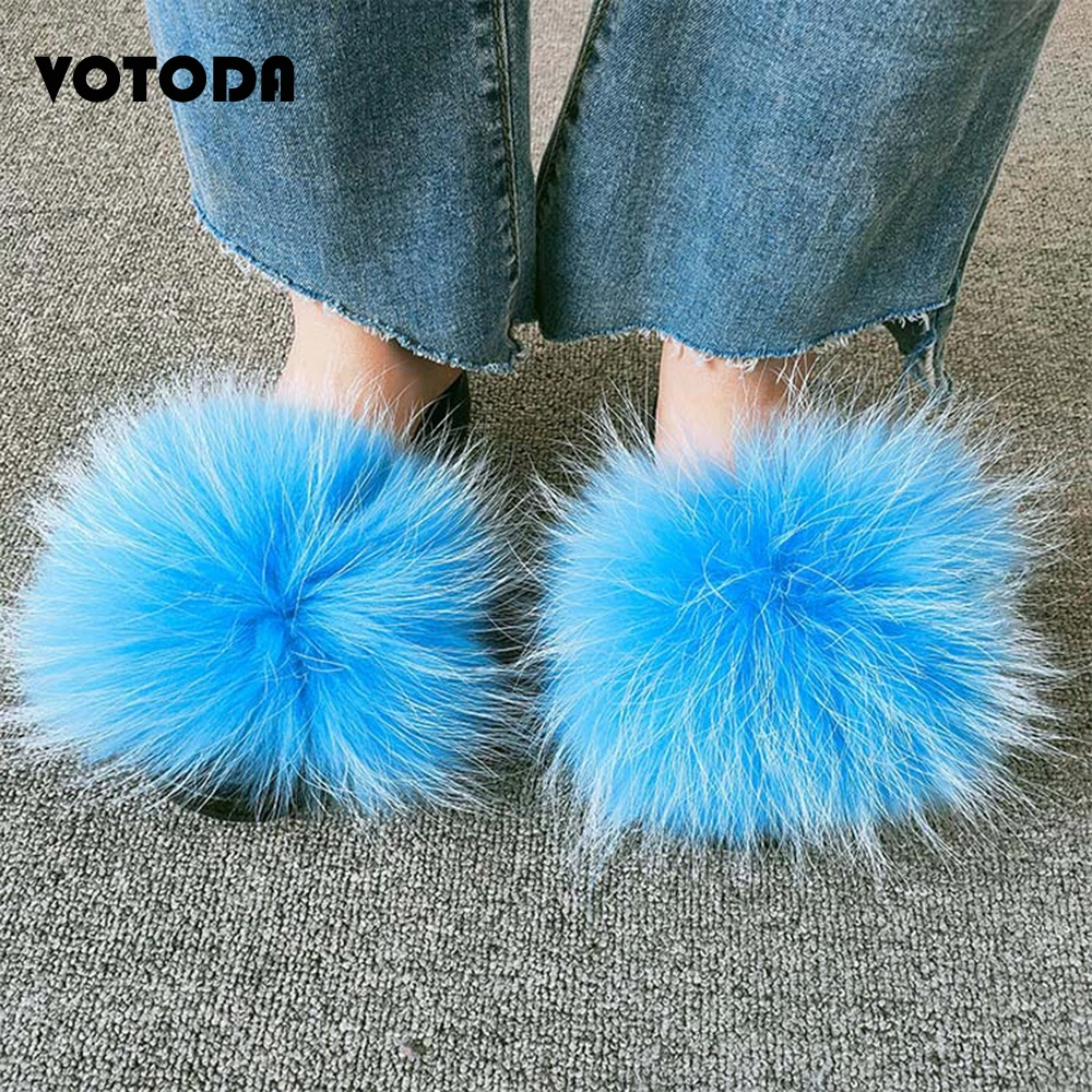 Summer Women Shoes Furry Raccon Fur Slippers Cute Fluffy Fox Fur Slides Girl Soft Home Flip Flop Breathable Non-slip Fur Sandals