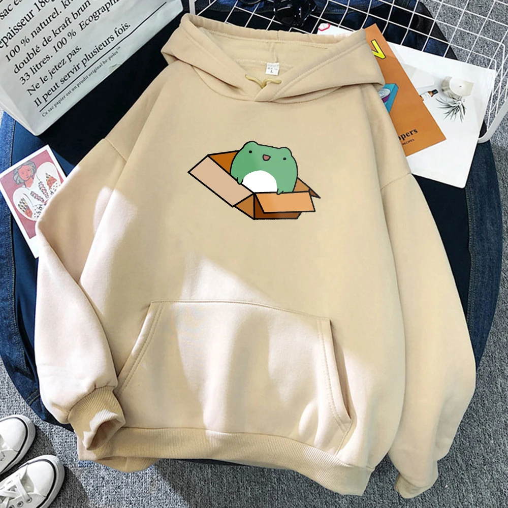 Winter Skateboard Frog Oversized Sweatshirt Men And Women\'s Hoodies Harajuku Warm Pullover Drawstring Beige Male Korean style