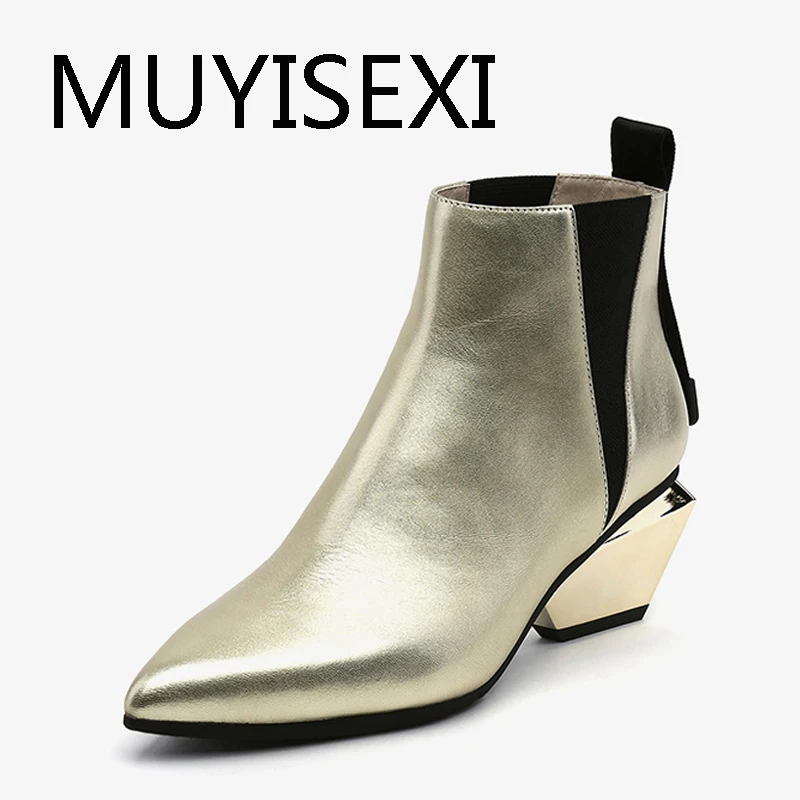 6cm Strange Heel Chelsea Boots Slip-on Women Ankle Boots Pointed Toe Botas Mujer Ladies Mixed Color Short Booties HL178 MUYISEXI