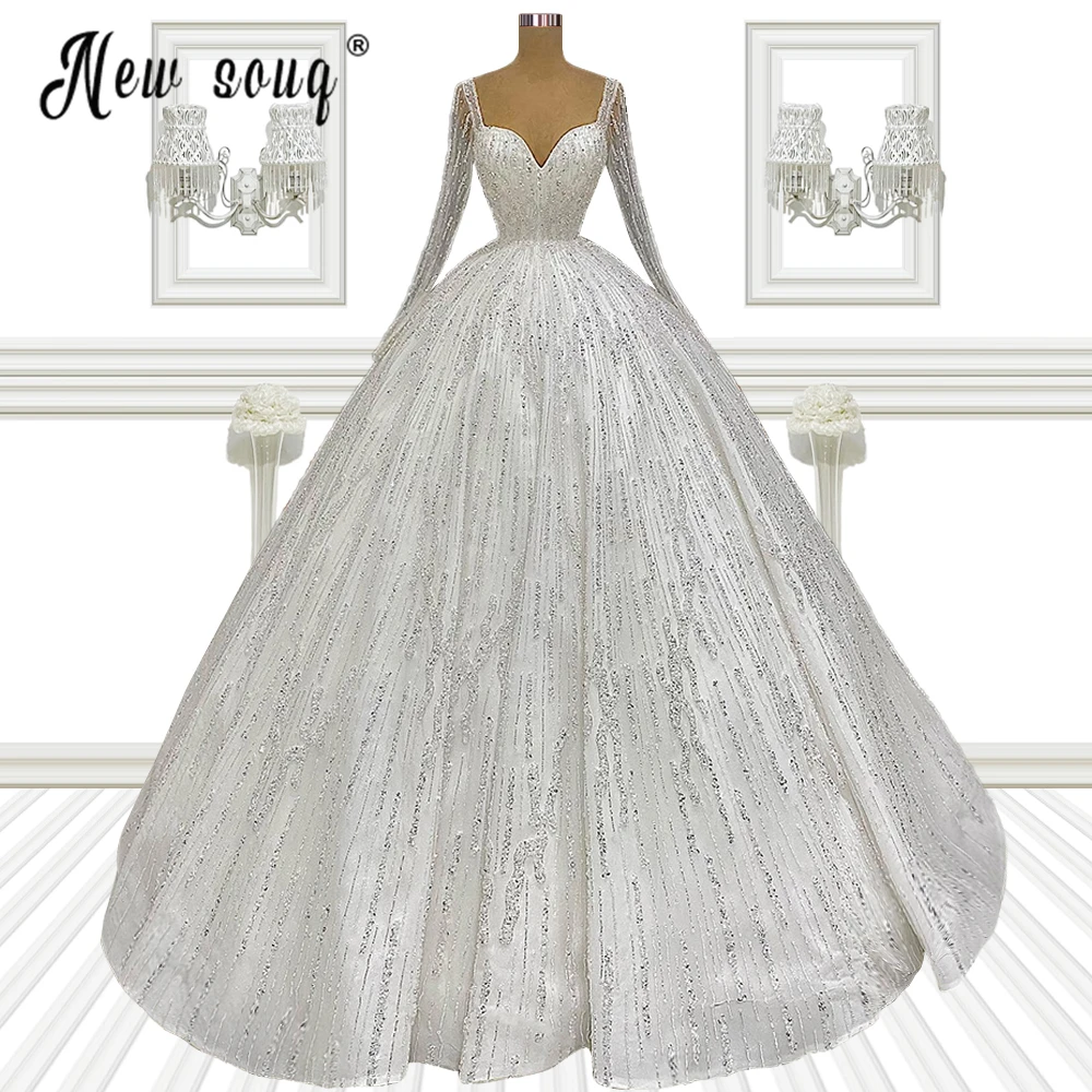 Wunderschöne Lange Hülse EINE Linie Hochzeit Kleid 2022 Perlen und Perlen Prinzessin Vestido De Novia Braut Prinzessin Brautkleid Plus größe