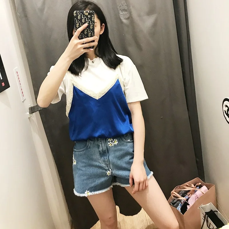 

Fake Summer Two Piece T-Shirt Women Lace Patchwork Suspender Cropped Tops Pullover Cotton T-Shirts New Casual Short Sleeve Tees