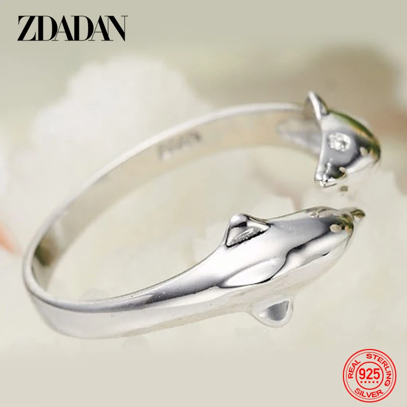 ZDADAN 925 Sterling Silver Double Dolphin Open Ring For Women Fashion Wedding Jewelry Party Gift