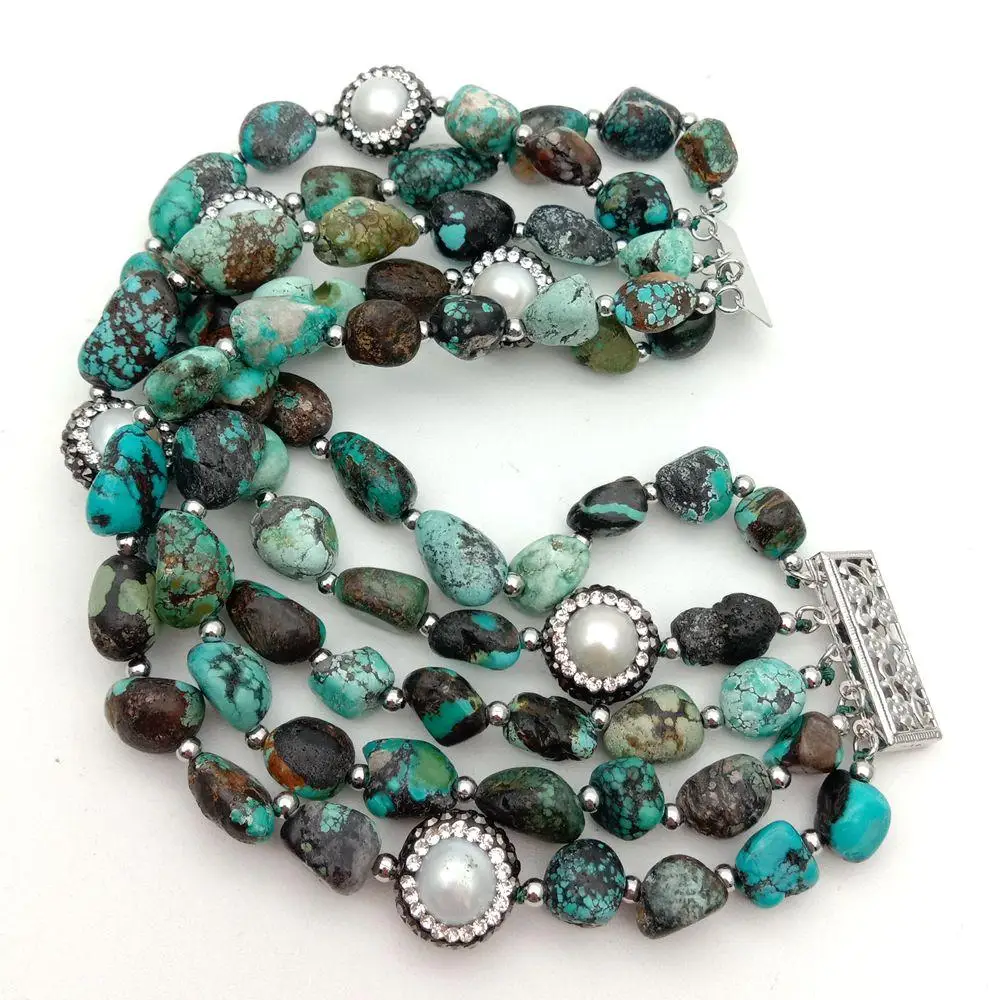 YYGEM 8'' 5 Strands Natural Genuine Freeform Turquoise White Freshwater Pearl Strand Bracelet