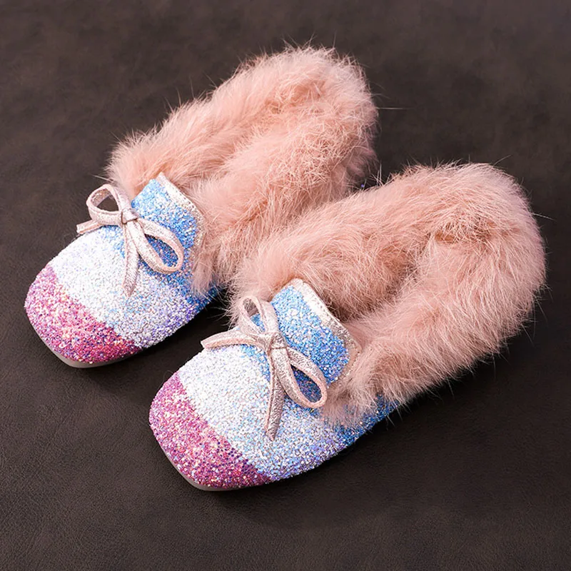 Winter Kids Shoes for Girls Furry Fur Shoes Princess Plush Warm Flat Boots Sequins Fashion Baby Girl Shoes Children CSH987