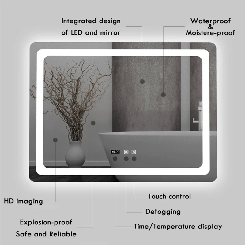 Imagem -04 - Retangular Inteligente Demist Espelho do Banheiro Cor Ajustável Led Multifunções Luz com Brilho Interruptor Sensorial 50x70cm