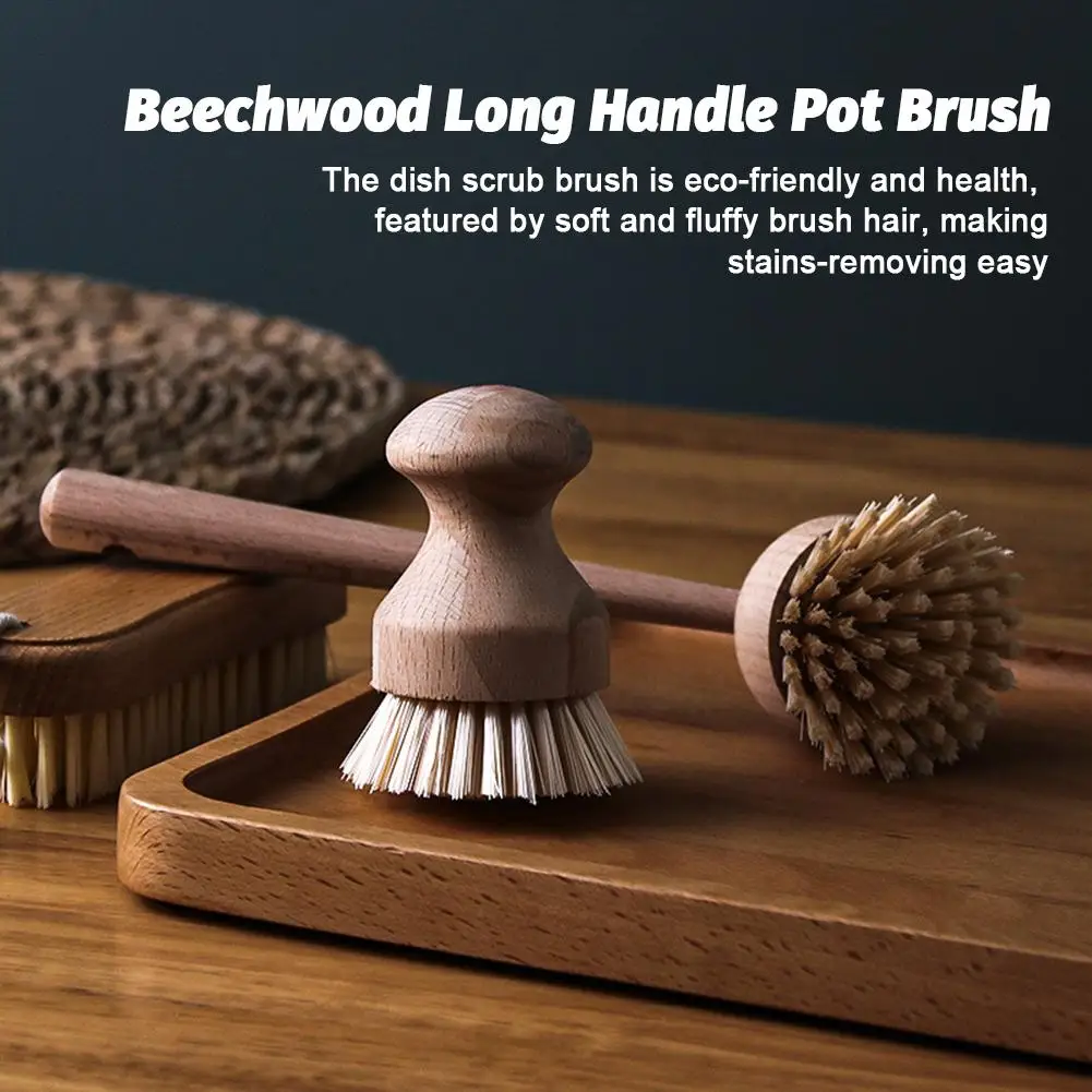 2020 High-Quality Dish Scrub Brush Kitchen Dish Scrubber With Long Handle Beechwood Dish Brush For Dishes Pots Pans