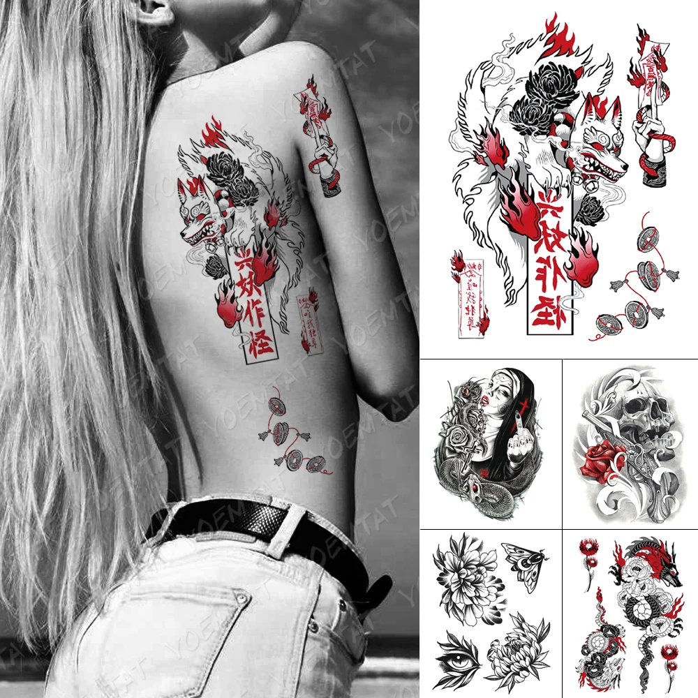 Anime Waterproof Temporary Tattoo Stickers Fox Dragon Wolf Monster Gun Old School Flash Tatoo Women Men Body Art Fake Tattoos