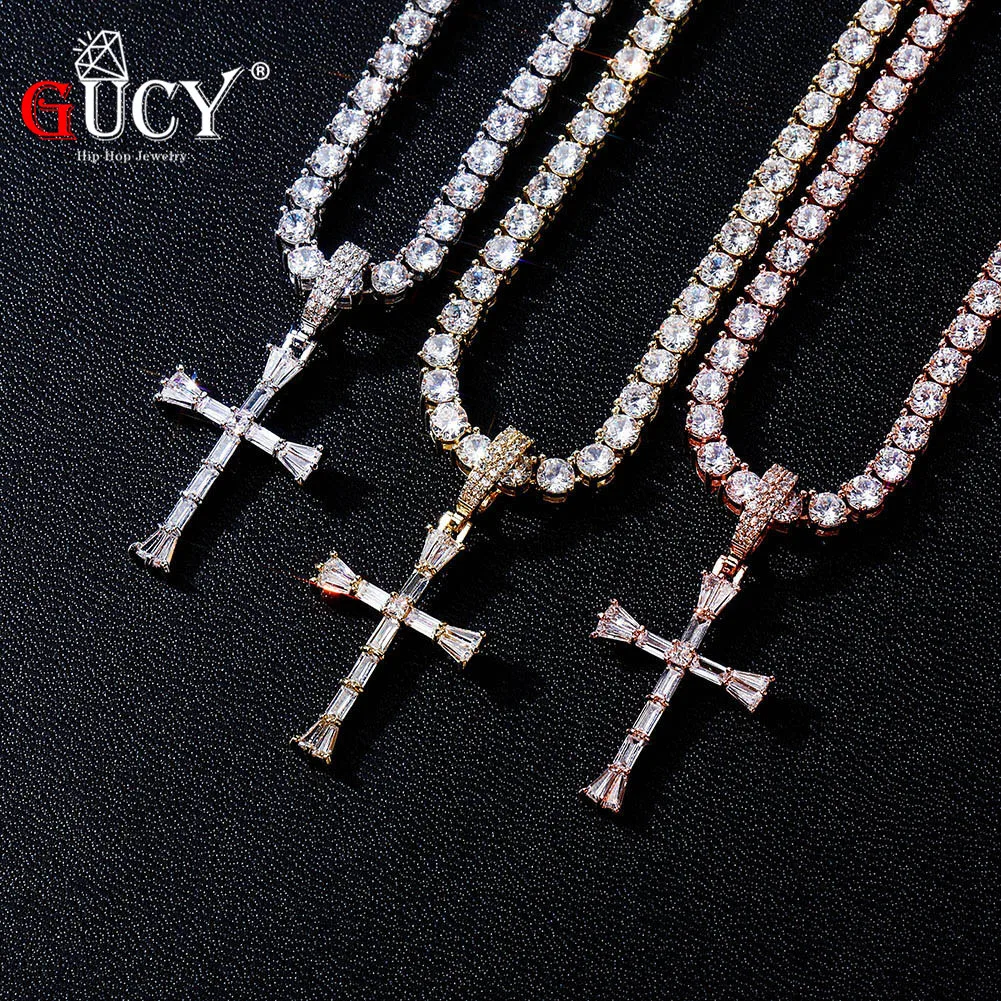 GUCY Mini Baguette Cross Pendant Necklace With 4mm Tennis Chain Gold Color AAA Cubic Zircon Men's Women Hip Hop Rock Jewelry