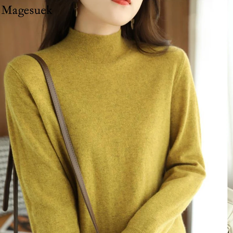 

Korean Fashion Autumn Knitted Sweater Half Turtleneck Casual Long Sleeve Bottoming Women Sweater Slim Fit Top Full Femme 17985