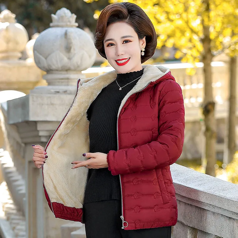 Autumn Winter Middle-aged Lady Hooded short Jacket Women Slim Plus Cashmere Warm Coat  Casual wam coat