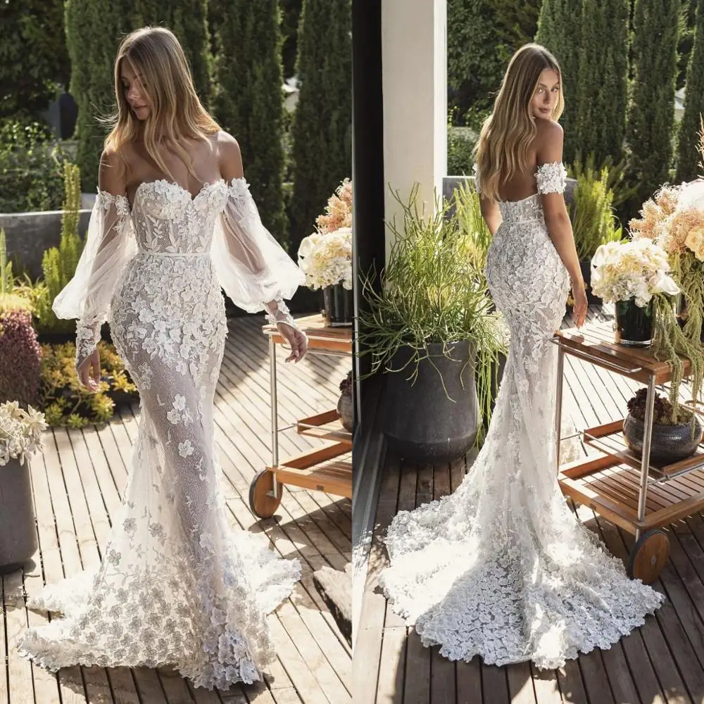 2021 3D Flower Mermaid Wedding Dresses Sexy Off Shoulder Long Sleeve Appliques Backless Sweep Train Bridal Gowns vestidos de