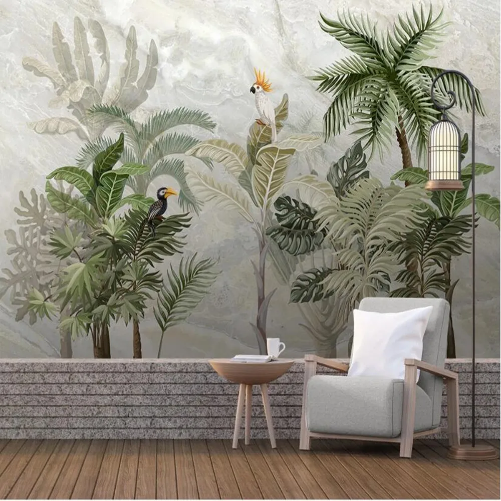 

Milofi Custom large wallpaper mural European creative HD hand-painted tropical rain forest marble pattern background wall