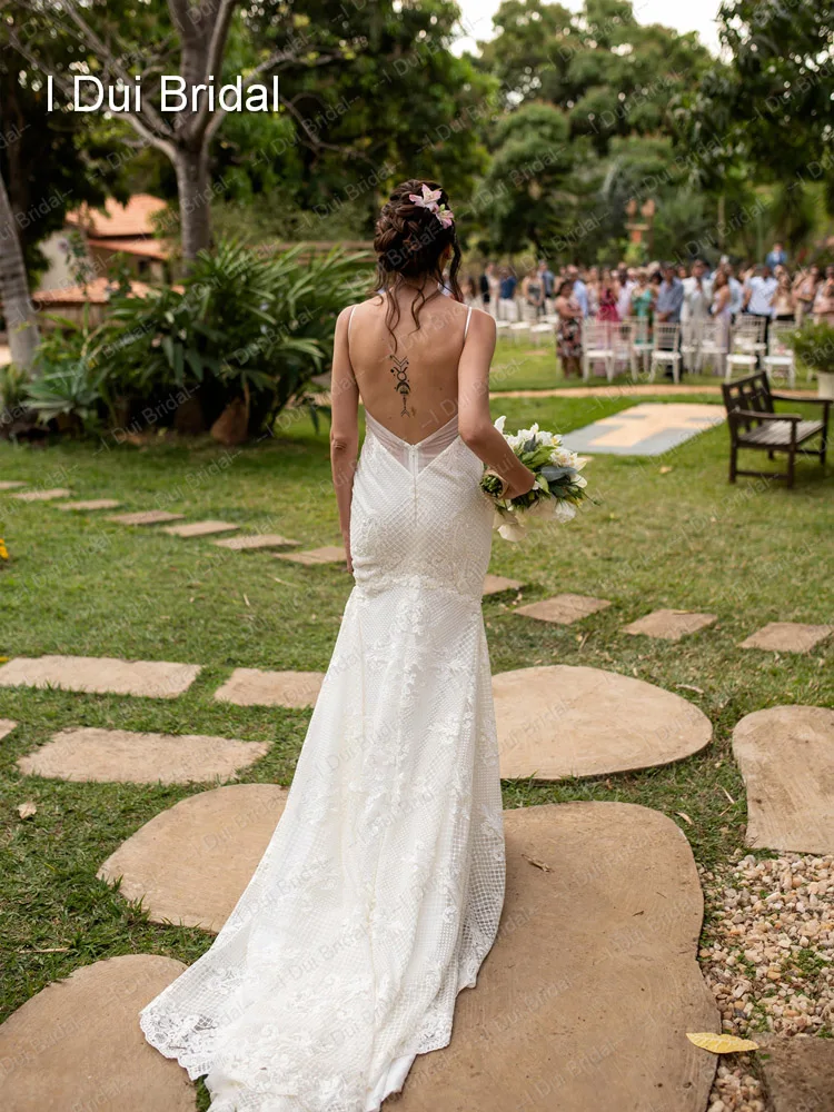 Della Cinghia di Spaghetti Abiti Da Sposa Di Lusso Della Sirena Del Merletto di Alta Qualità A Basso Scollatura Sexy Low Back Abito Da Sposa