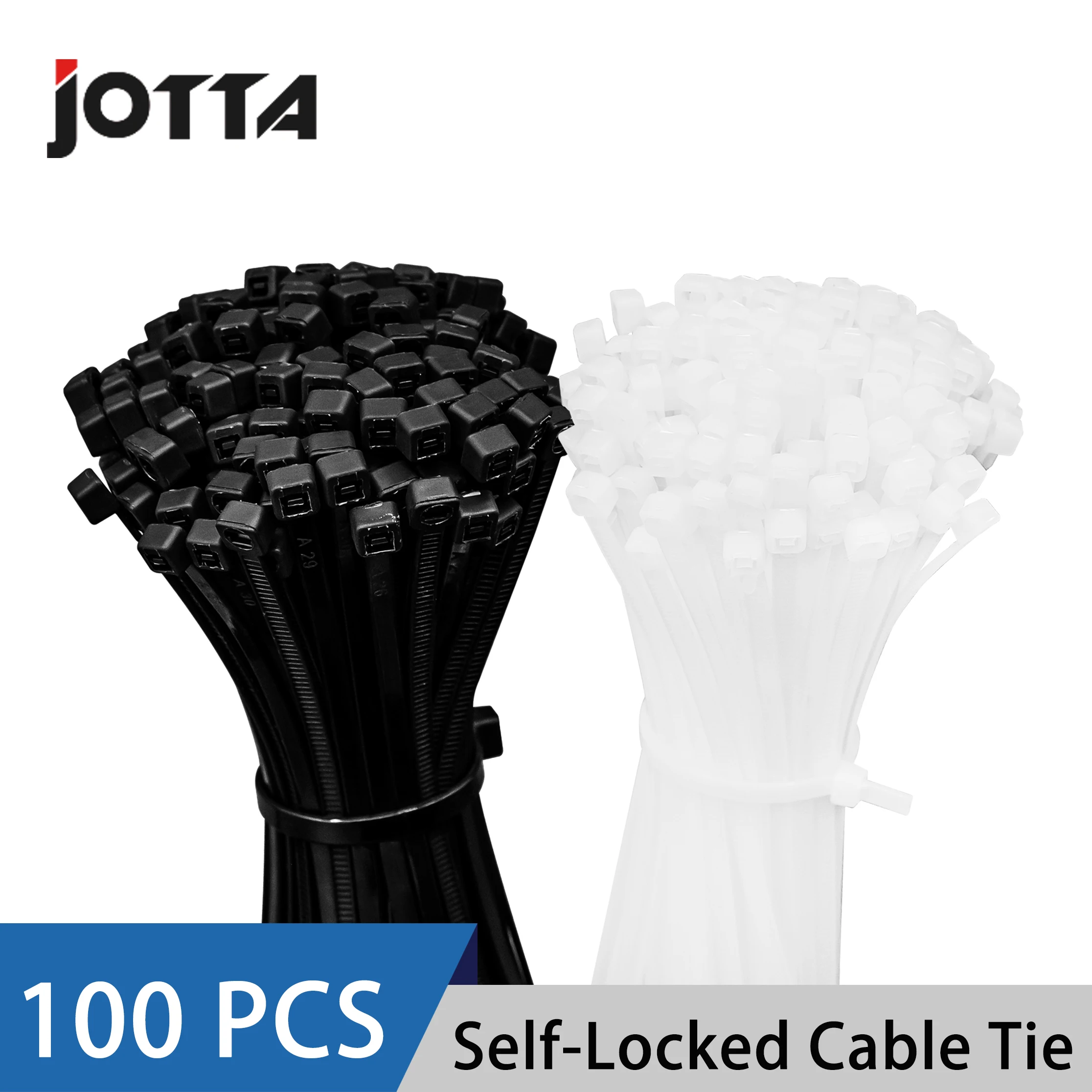 100 Pcs Self-Locking Nylon Cable Tie Black And White Plastic Zip Loop Wire Wrap