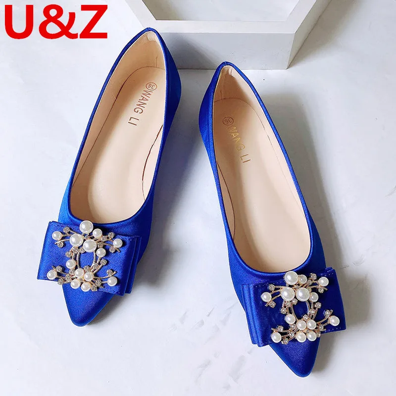 Silk Satin Wedding shoes Flats Plus Big Size Elegant Women Shoes,Dark Blue/Royal Blue Satin Pears Shoes Loafers SIZE31-44 US11