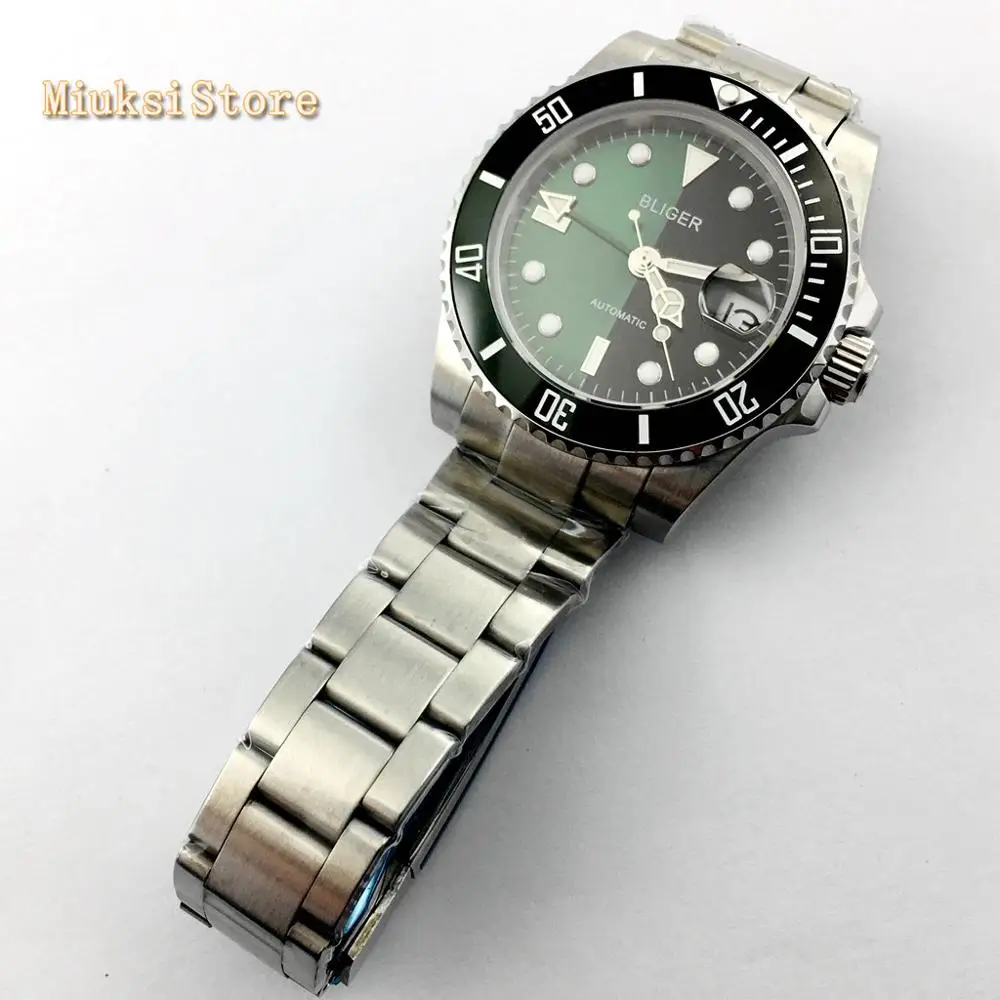 Bliger 40mm sapphire glass black green dial GMT date window Rotate ceramic bezel luminous automatic mens top mechanical watch