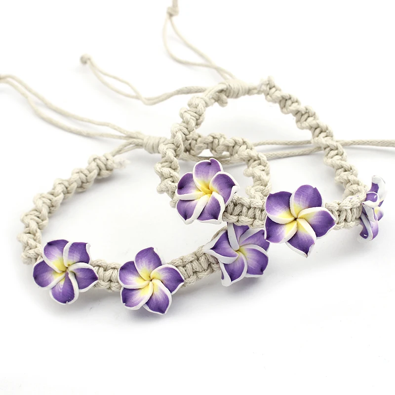 1pcs 8 Colors Pick Pink Purple Blue Plumeria Flower Friendship Handmade Braided Cord Bracelets Surf Fashion Jewelry