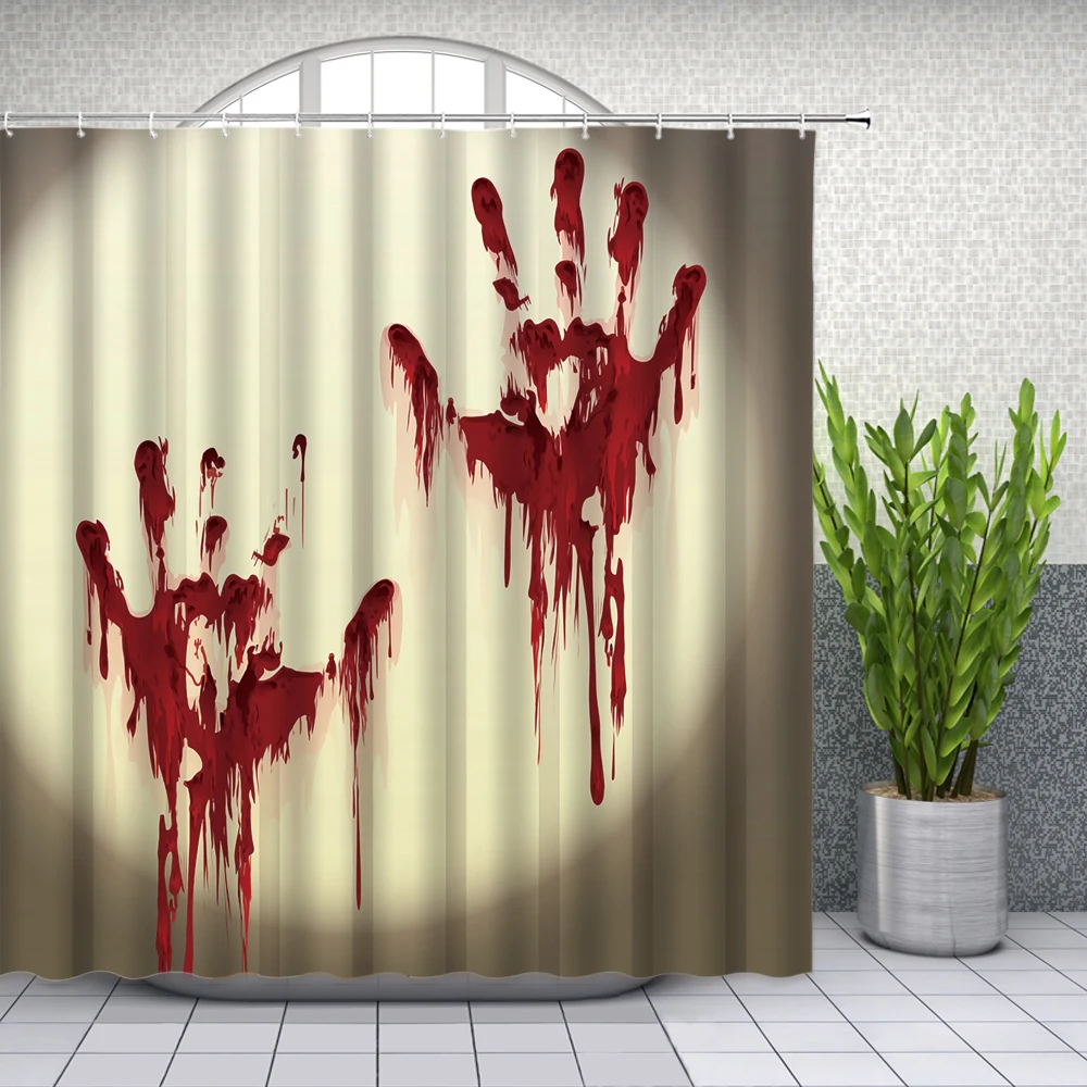 Scary Bloody Handprint Shower Curtains Terror Spoof Party Halloween Bathroom Decor Waterproof Polyester Cloth Curtain Set Cheap