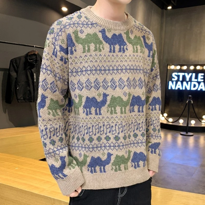 

Mens Autumn Sweater Printing Long Sleeve Loose O-Neck Knitting Pullovers Tops Vintage Casual Cartoon Pattern College Sweaters