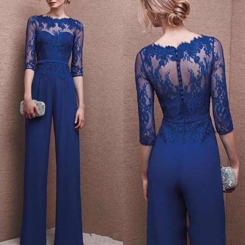 

Royal Blue Mother Of The Bride Dresses Sheath Half Sleeves Chiffon Lace With Pants Suit Long Groom Mother Dresses For Weddings