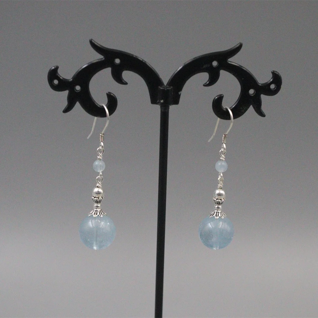 Vintage S925 Sterling Silver Earrings Drop Dangle Aquamarine Round Ball Earrings