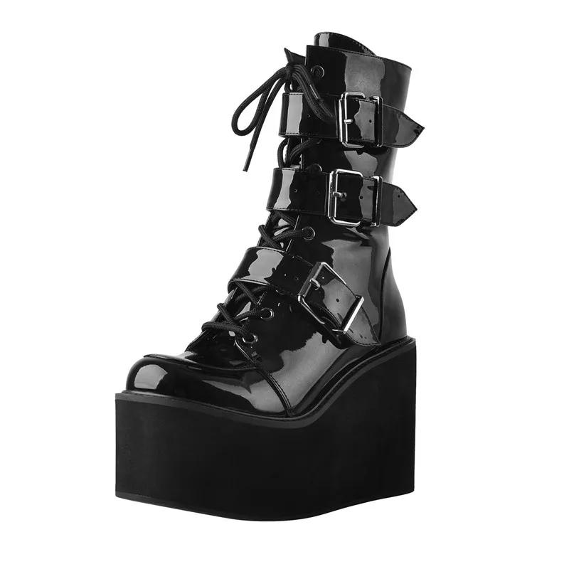 Onlymaker Round Toe Wedges Heels Platform Punk Boots Black Color Patent Leather Side Zipper Big Size Fashion Ankle Boots