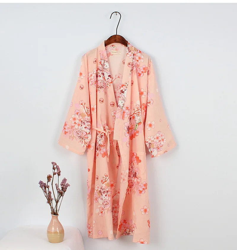 

Japanese Traditional Ancient Style Retro Cute Print Robe Pajamas Soft Loose Women Cotton Bathrobe Kimono Hanfu Sleep Lounge Wear