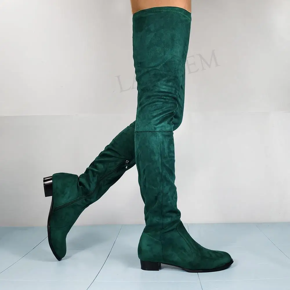 LAIGZEM, botas por encima de la rodilla para mujer, botas de tacón bajo con punta redonda, botas básicas altas hasta el muslo de gamuza sintética, zapatos de mujer de talla grande 42 45 52