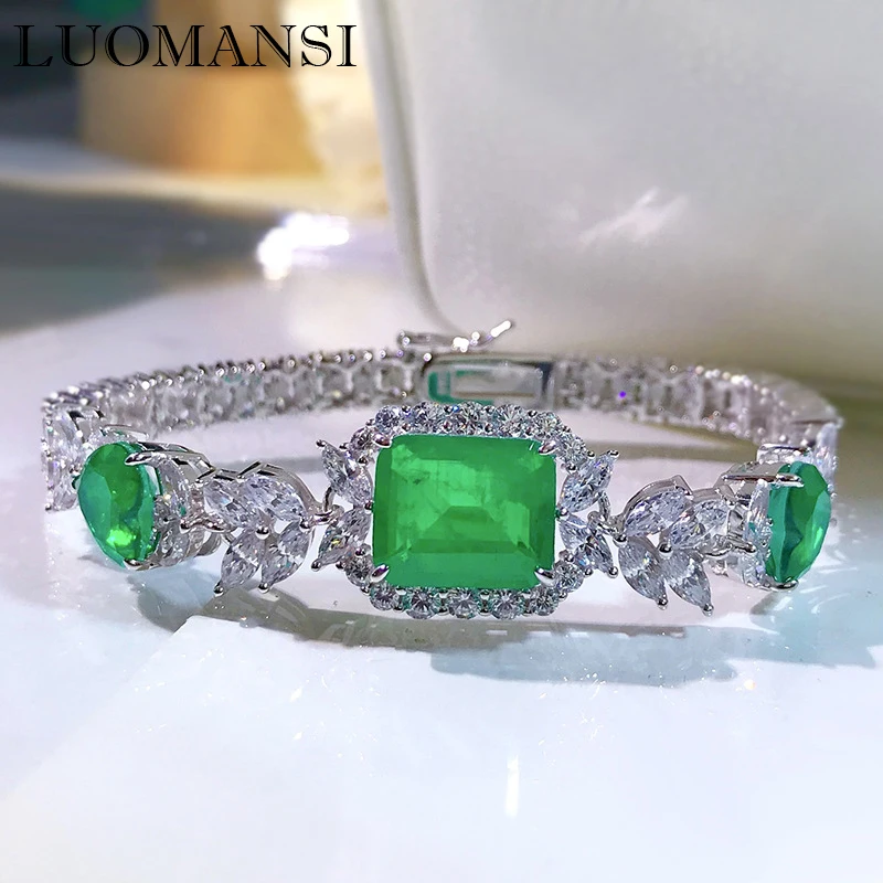 

Luomansi 10*12MM Emerald Silver Bracelet 17CM Woman S925 Jewelry Wedding Anniversary Birthday Party Gift