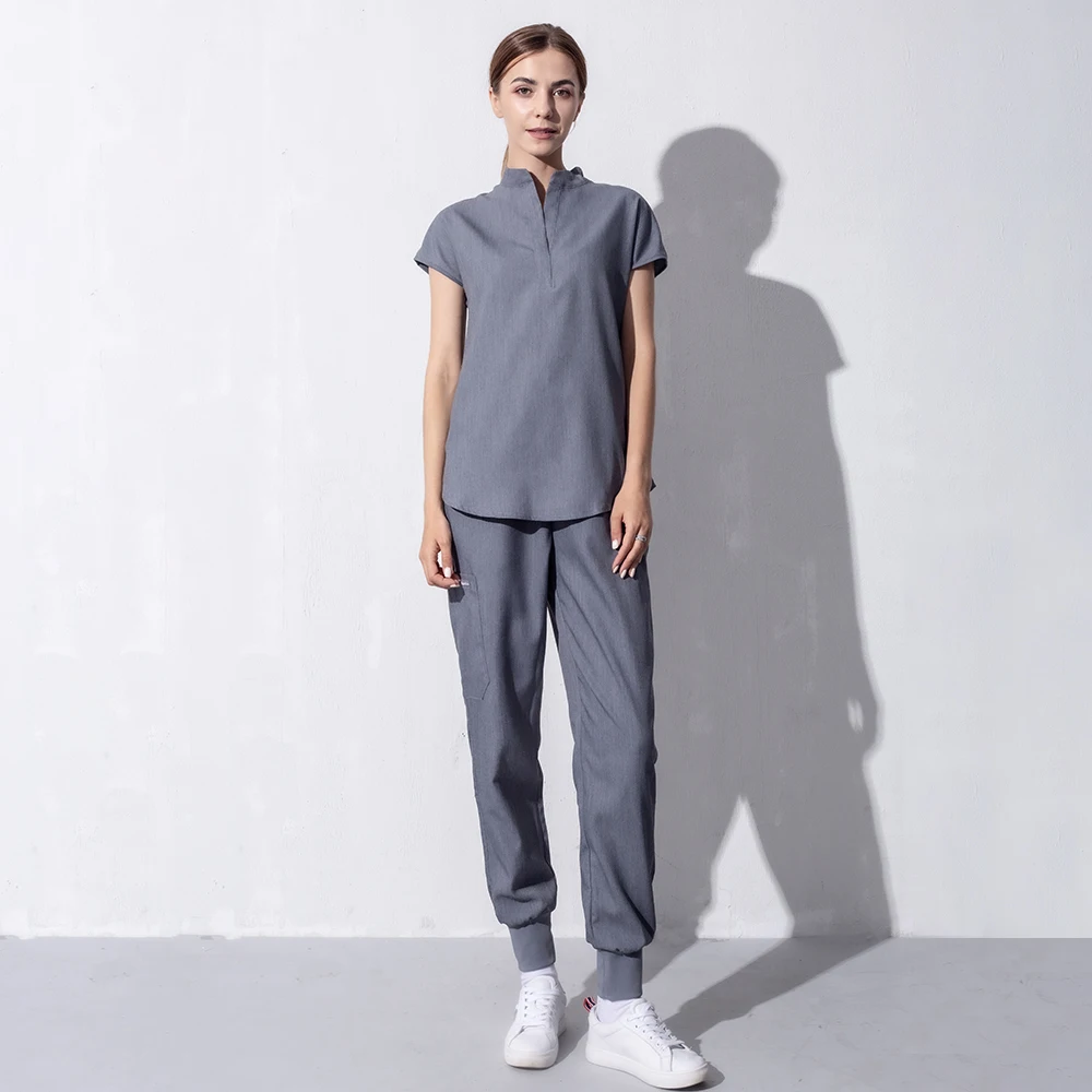 High Quality Denim Gray Scrubs Suits Tooth Check Workwear Spa Uniforms Beautician Scrub Work Suit Wholesale Scrubs Women Uniform