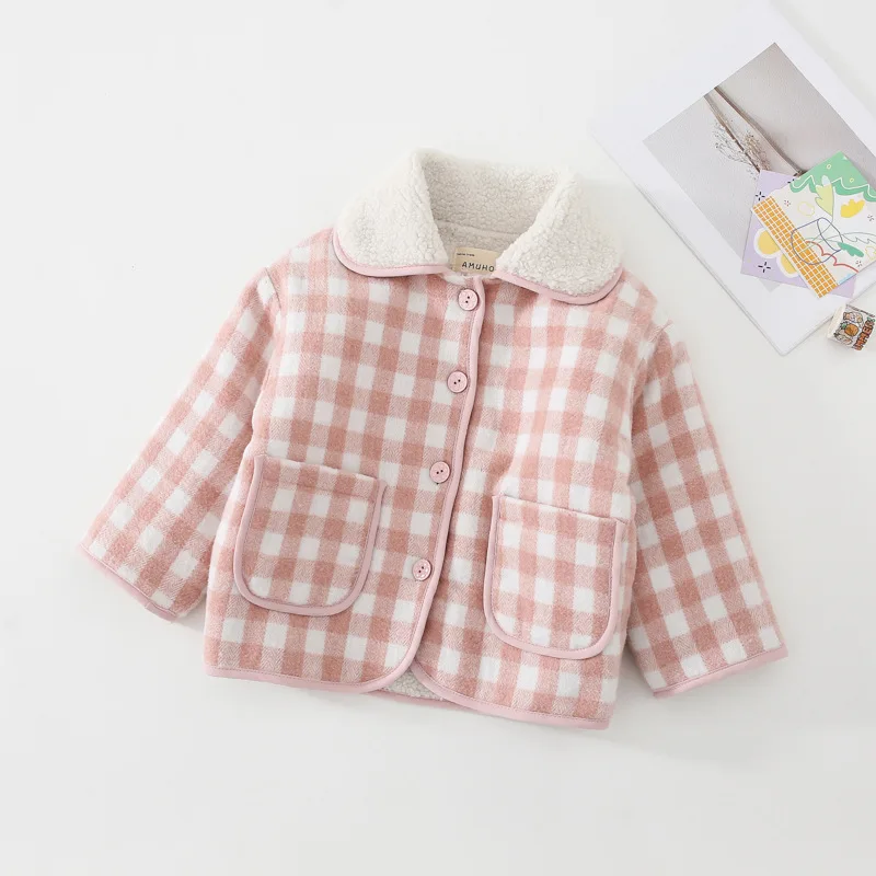 

Girls Lambswool Jacket 2021 Autumn Winter Fashion Korean Plaid Kids Coat Thicken Fleece Children's Outerwear 2-6Y